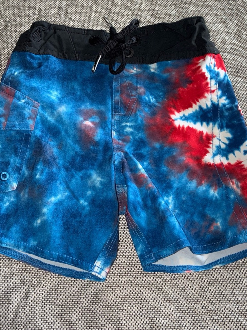 Toddler Tie-Dye Blue & Red Swim Trunks with Black Waistband